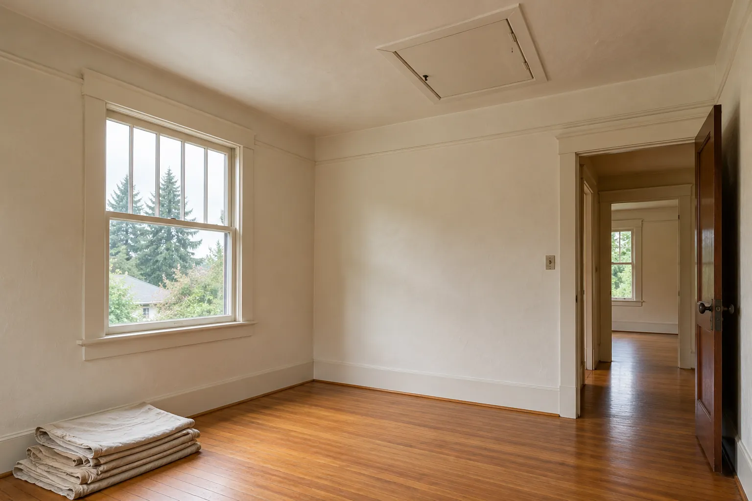 Empty upstairs room in an older house with plaster walls, a ceiling access hatch and folded drop cloths