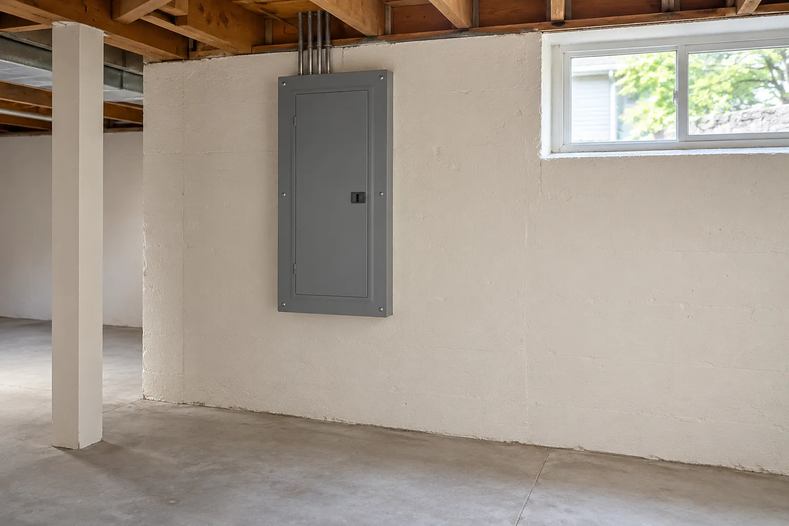Gray breaker panel with its door closed on a painted basement foundation wall