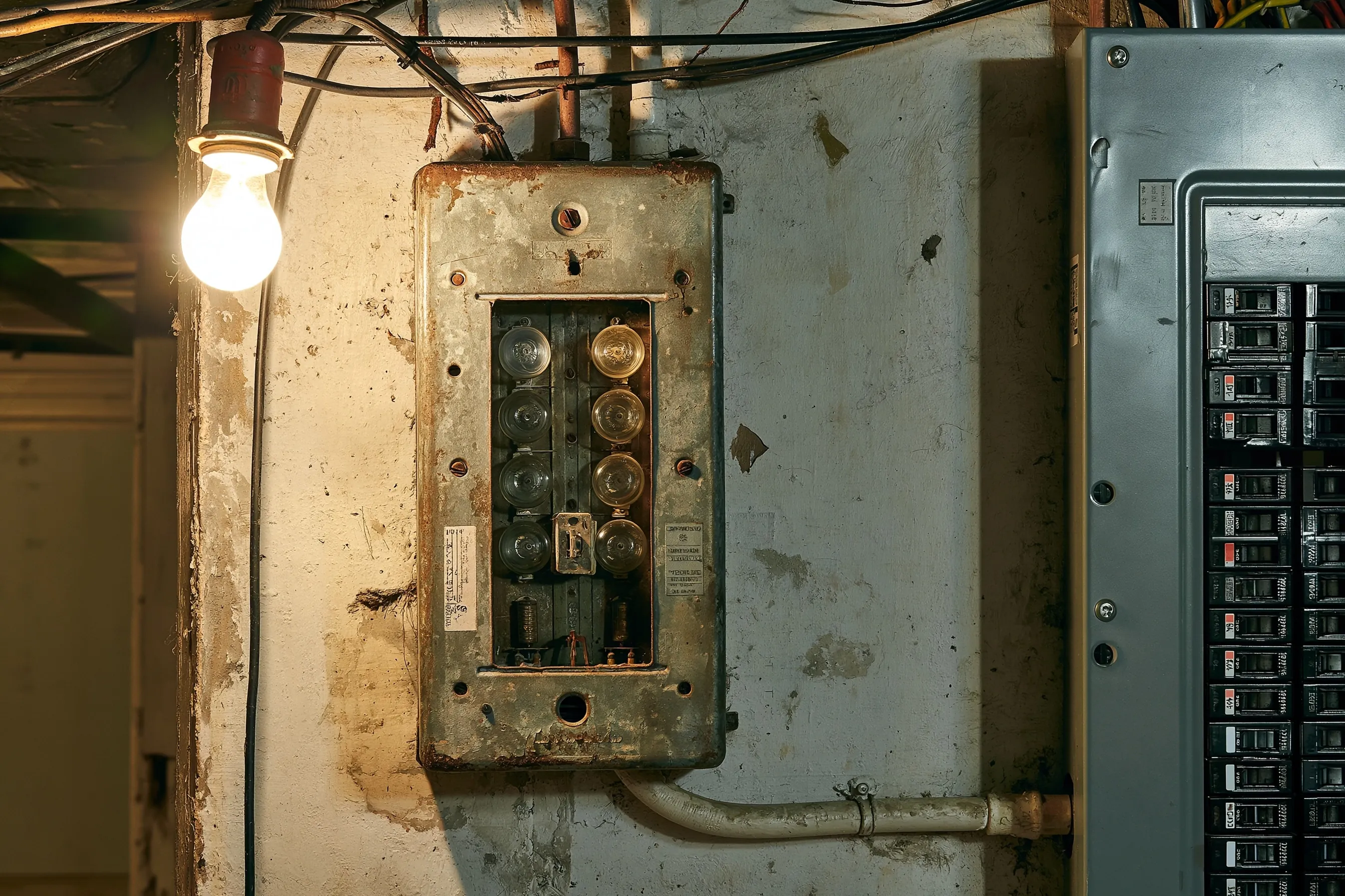 Old screw-in fuse box in a basement next to a modern breaker panel
