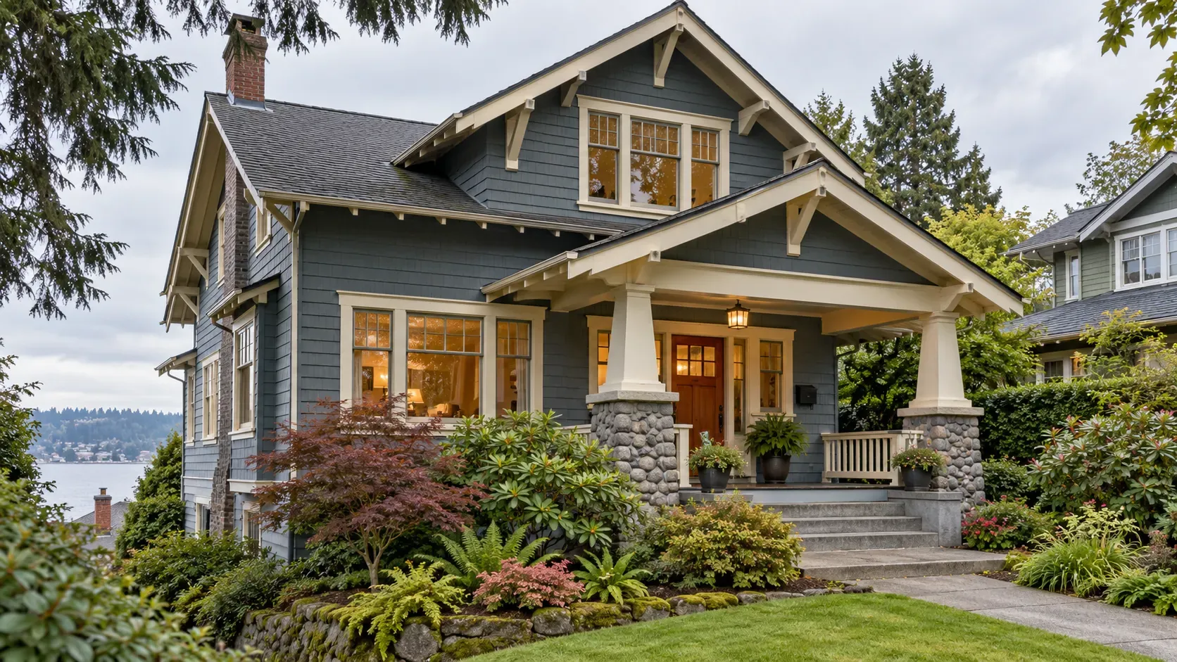 Craftsman-style house with horizontal lap siding and tapered porch columns on river-rock piers