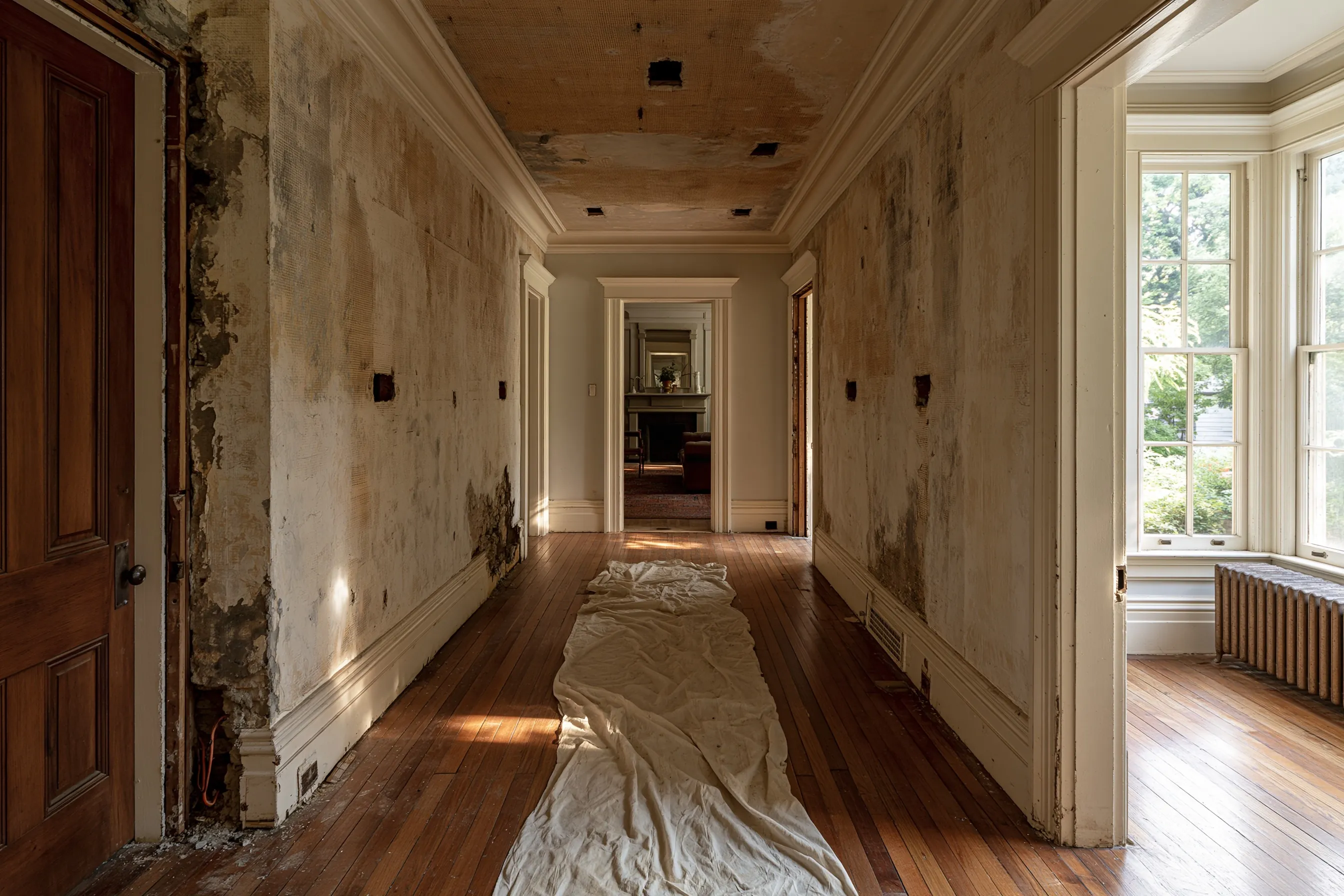 Lath-and-plaster wall with small, neat access openings for fishing new wire